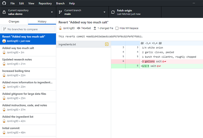 In the history tab, the bad commit is reverted. The right side indicates that the ingredients list has changed back to its original state.